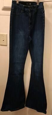 JC JQ High Waist Stretch Wide Flared Bottom Denim Jeans Size S 70's Inspired